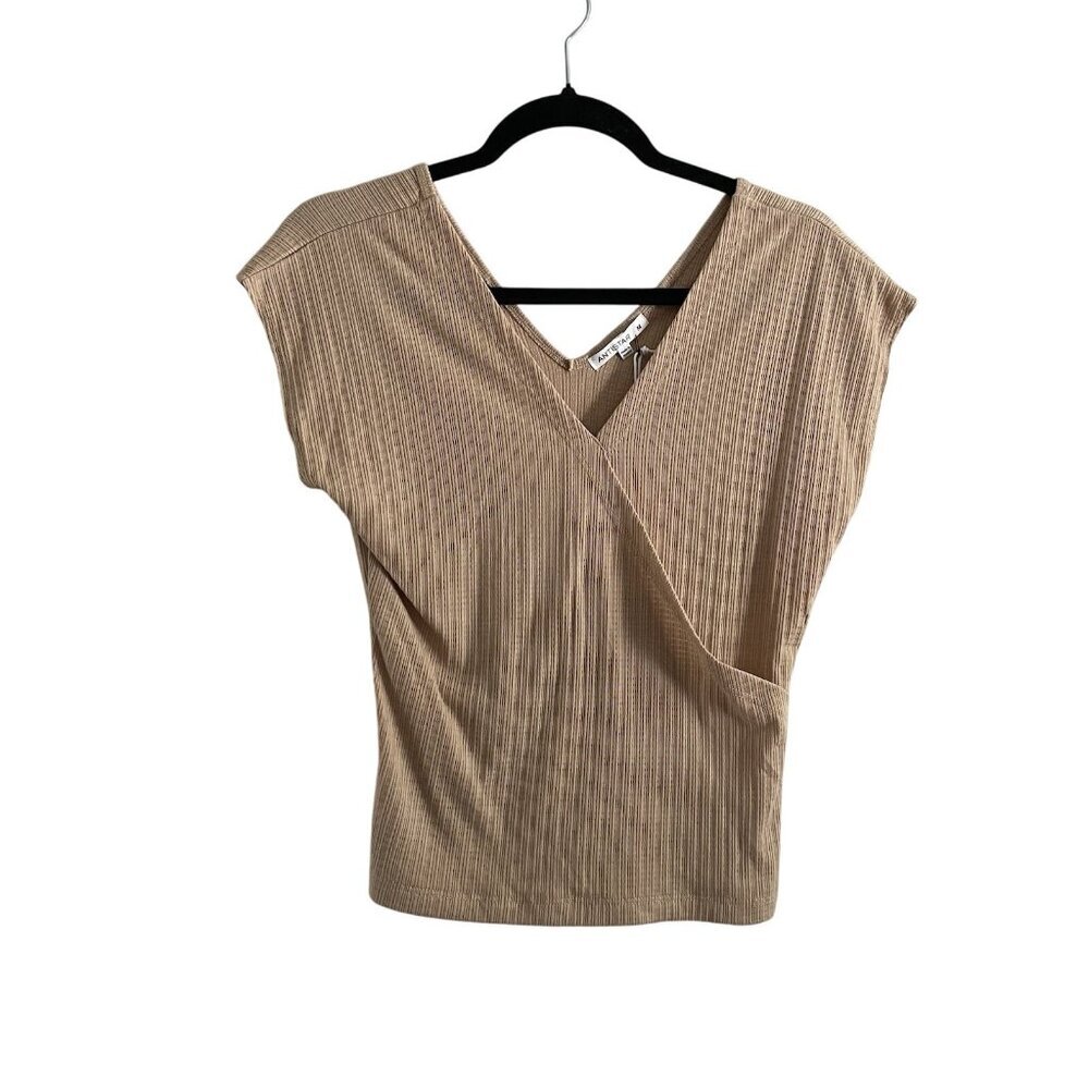 Antistar Women Sz M Beige V-Neck Faux Wrap Sleeveless Ribbed Top NWT